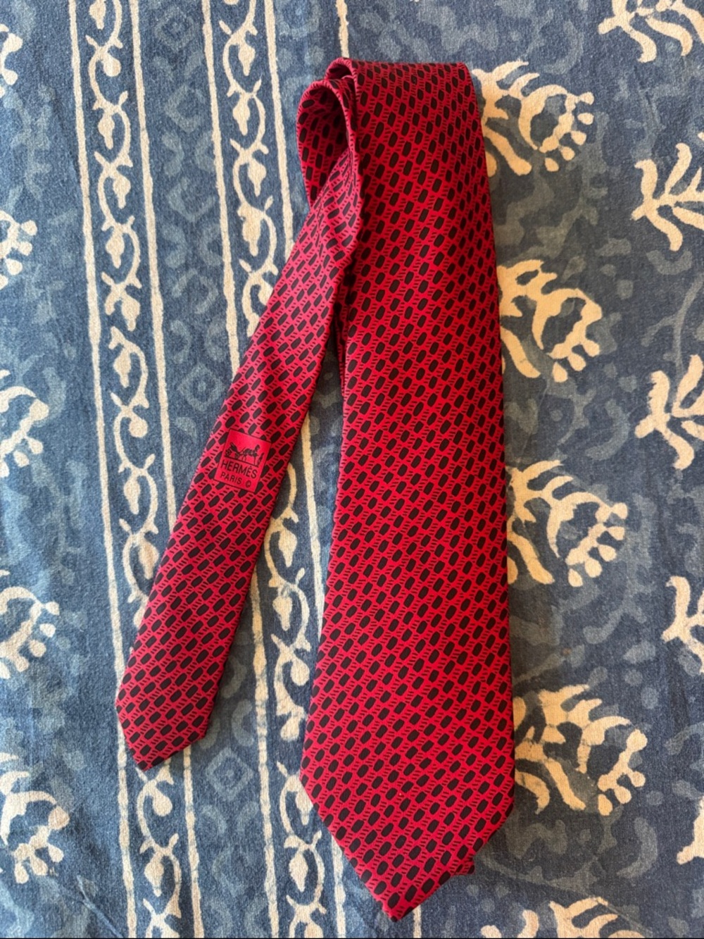 Hermes Vintage Red Silk Tie with Black Lines and Rectangles